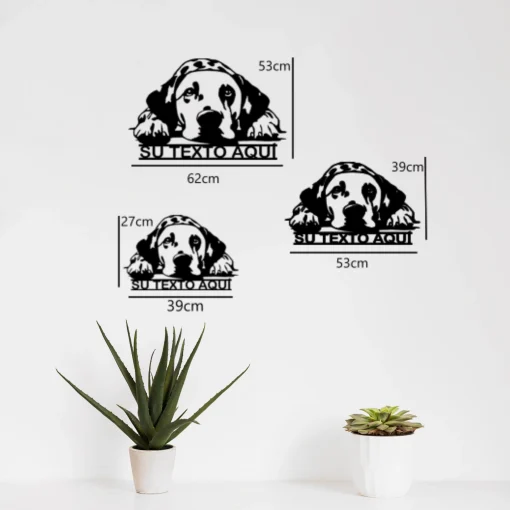 a plant in a pot with a dog decals on a wall